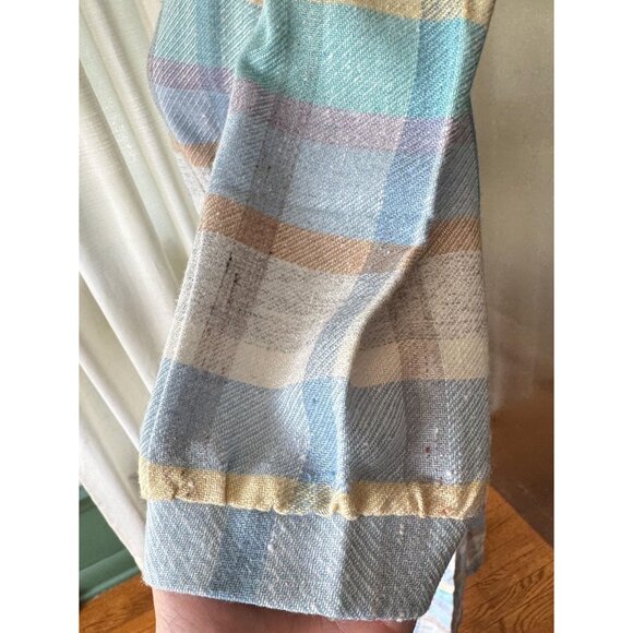 Vintage 80s dress, blue, purple, yellow, white, pastel plaid; asymmetric collar - Picture 6 of 10